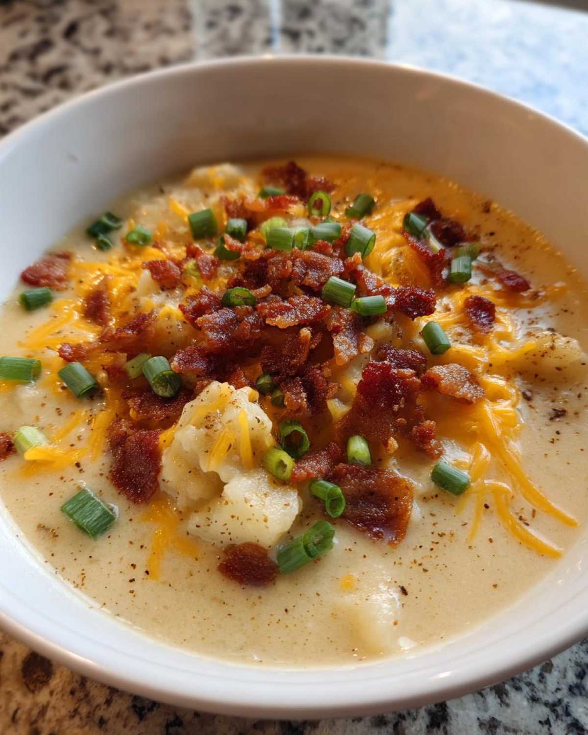 A close-up of a bowl of creamy easy crockpot potato soup topped generously with bacon bits, shredded cheddar cheese, and green onions.