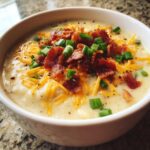 A close-up of a bowl of creamy easy crockpot potato soup topped with shredded cheddar, bacon bits, and green onions.