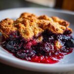 A close-up of a warm serving of mixed berry cobbler with a golden crumble topping and bubbling dark berry filling.