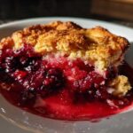 A close-up shot of a warm slice of mixed berry cobbler with a golden crust and bubbling red berry filling.