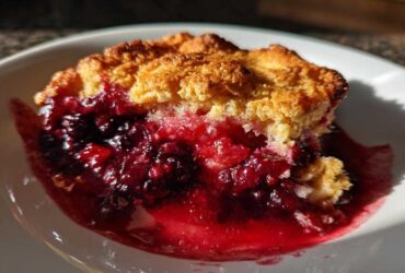 A close-up shot of a warm slice of mixed berry cobbler with a golden crust and bubbling red berry filling.