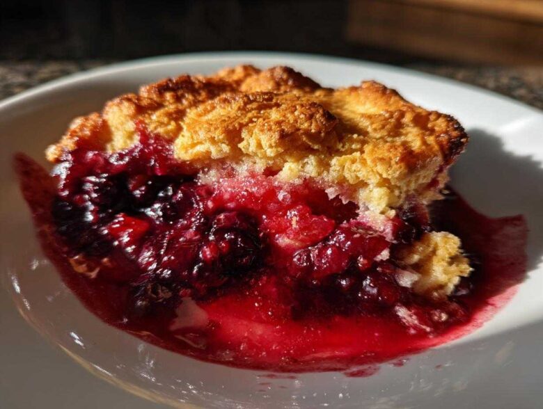 A close-up shot of a warm slice of mixed berry cobbler with a golden crust and bubbling red berry filling.