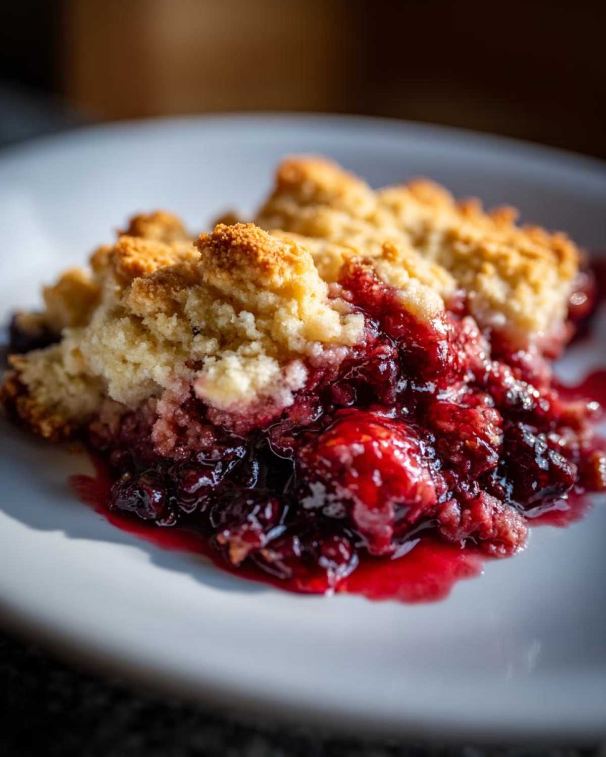 Close-up of a warm serving of mixed berry cobbler showing juicy berries and golden crumb topping.