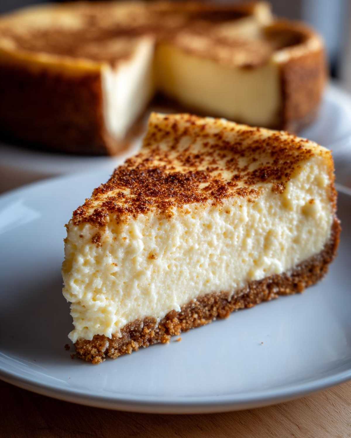 A close-up slice of creamy eggnog cheesecake recipe with a graham cracker crust and cinnamon dusting.