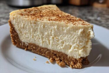 A close-up of a thick slice of creamy eggnog cheesecake with a graham cracker crust, dusted with cinnamon.