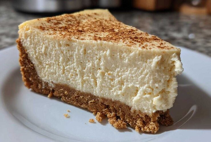 A close-up of a thick slice of creamy eggnog cheesecake with a graham cracker crust, dusted with cinnamon.