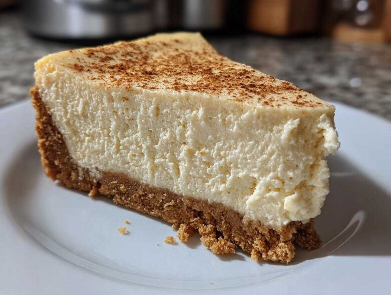 A close-up of a thick slice of creamy eggnog cheesecake with a graham cracker crust, dusted with cinnamon.
