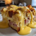 A generous slice of eggs benedict casserole topped with rich, dripping hollandaise sauce on a white plate.