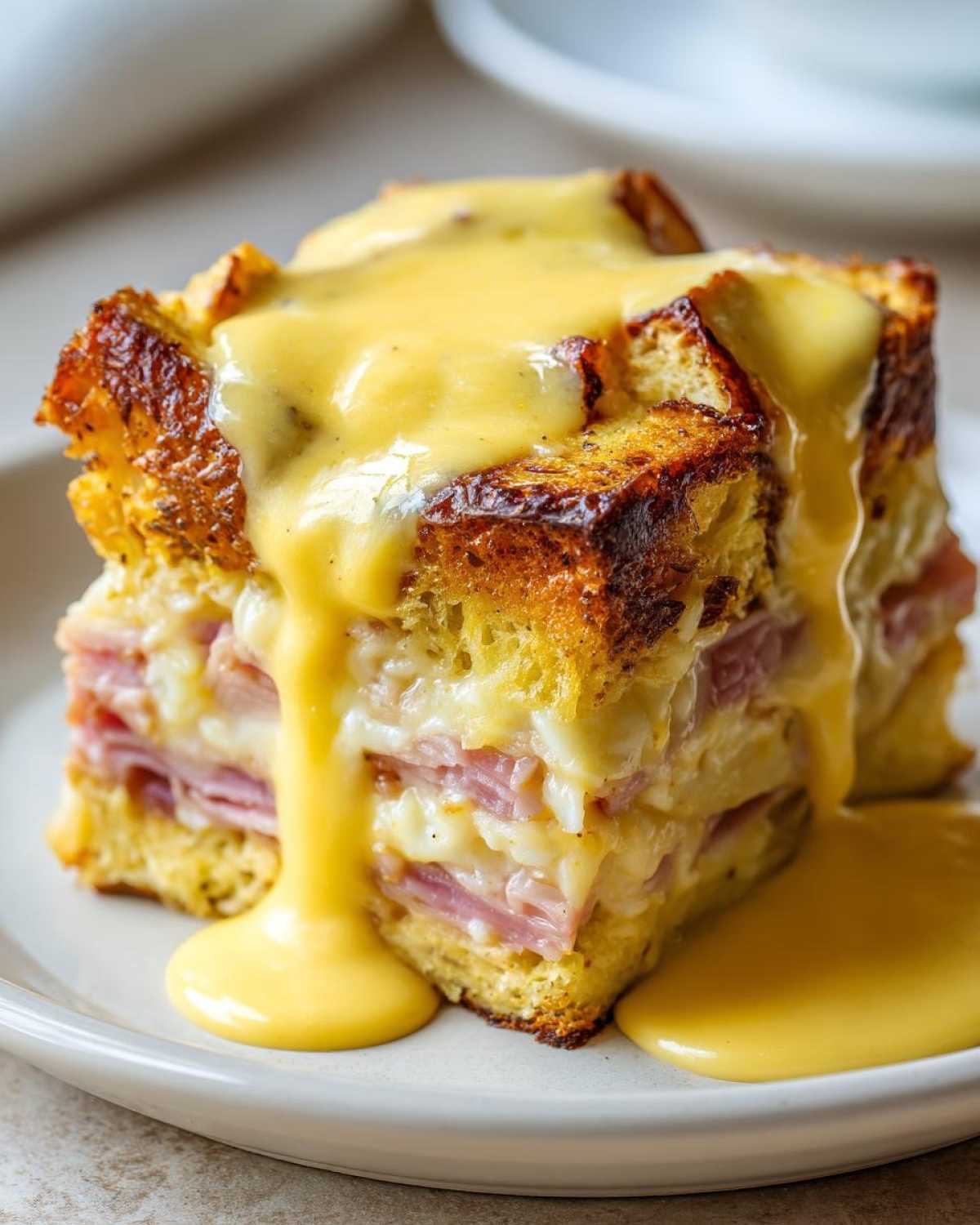 Close-up of a square serving of eggs benedict casserole layered with ham and bread, topped generously with rich hollandaise sauce.