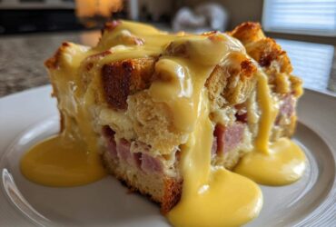 A generous slice of eggs benedict casserole topped with rich, dripping hollandaise sauce on a white plate.