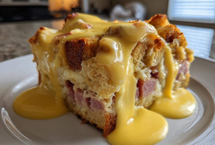 A generous slice of eggs benedict casserole topped with rich, dripping hollandaise sauce on a white plate.