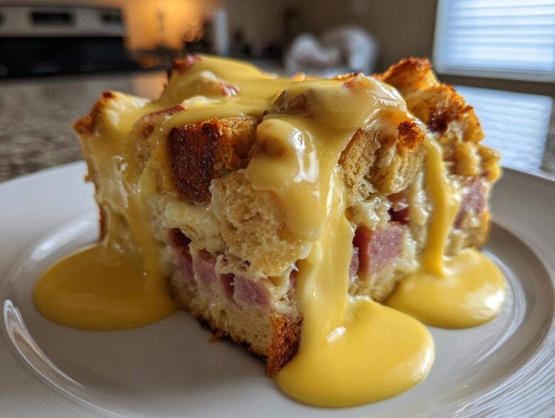 A generous slice of eggs benedict casserole topped with rich, dripping hollandaise sauce on a white plate.