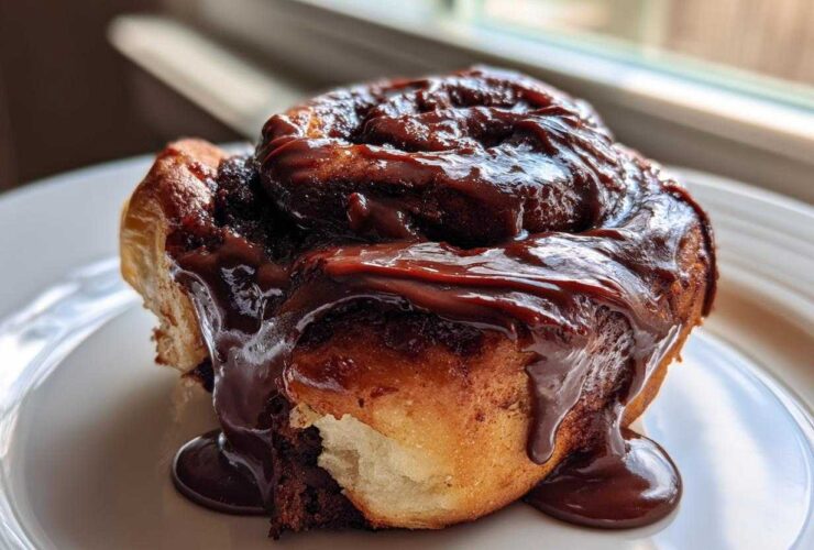 A close-up of a single, gooey chocolate cinnamon rolls smothered in thick, melted chocolate frosting.