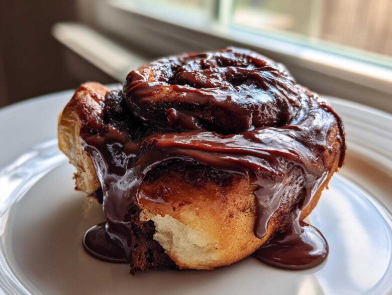 A close-up of a single, gooey chocolate cinnamon rolls smothered in thick, melted chocolate frosting.