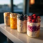 Four glass jars lined up showcasing different flavors of overnight oats topped with fruit and granola.