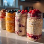 Four mason jars filled with different flavors of overnight oats, topped with fresh berries and fruit.