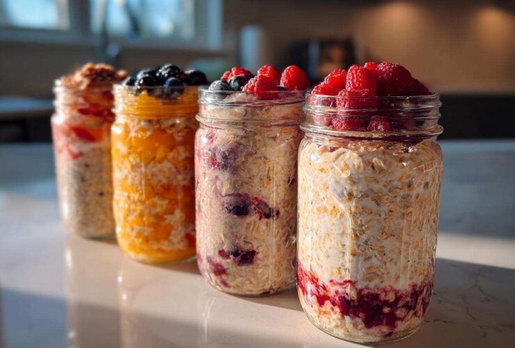 Four mason jars filled with different flavors of overnight oats, topped with fresh berries and fruit.
