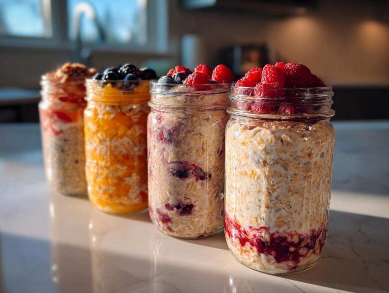 Four mason jars filled with different flavors of overnight oats, topped with fresh berries and fruit.