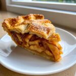 Close-up of a delicious slice of apple pie recipe, showing flaky crust and cinnamon apple filling.