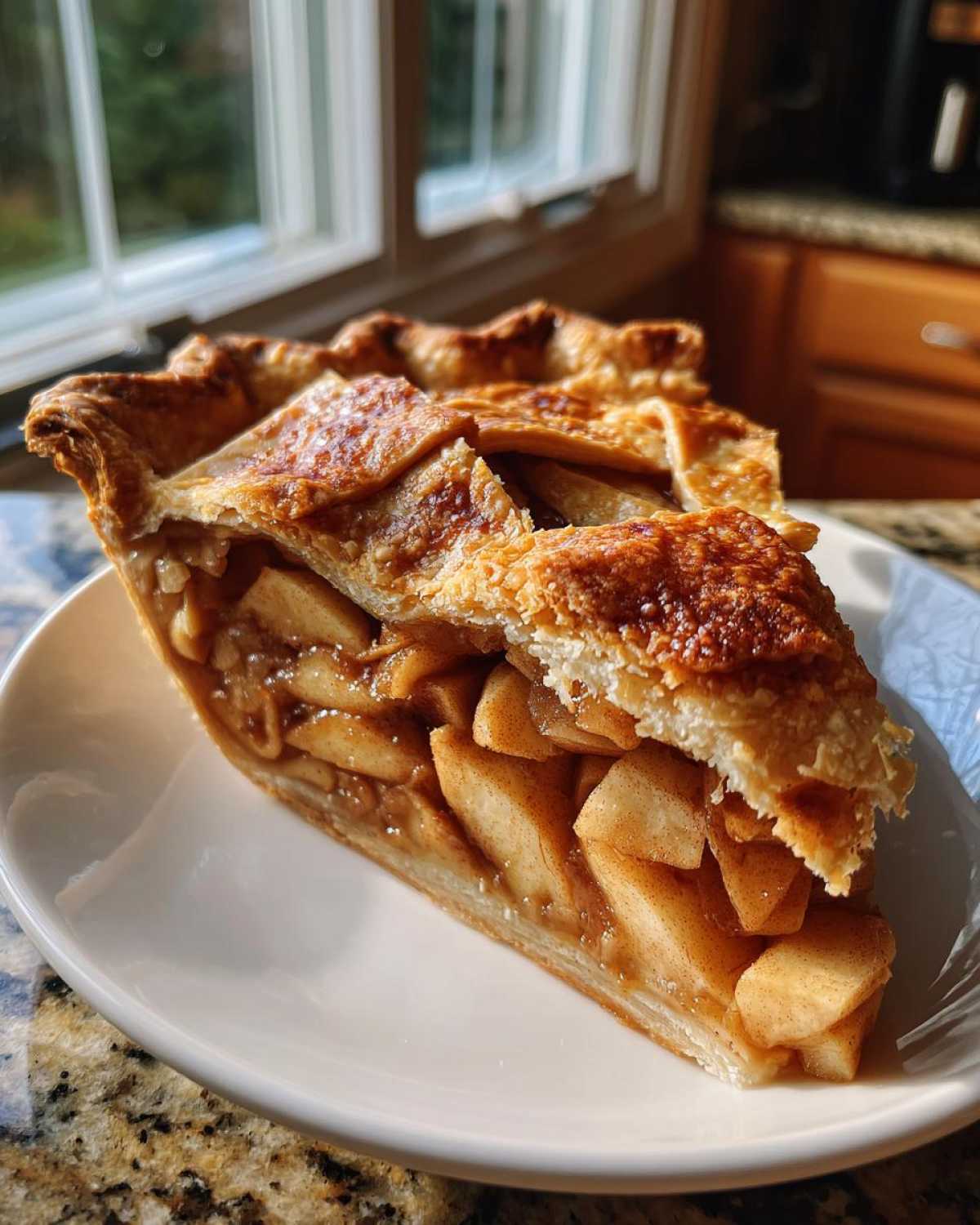 A close-up slice of homemade apple pie recipe showing flaky golden crust and thick apple filling.