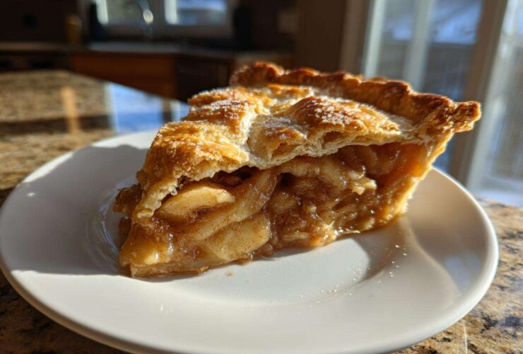 A close-up of a thick slice of apple pie recipe showing a flaky, sugared crust and rich cinnamon apple filling.