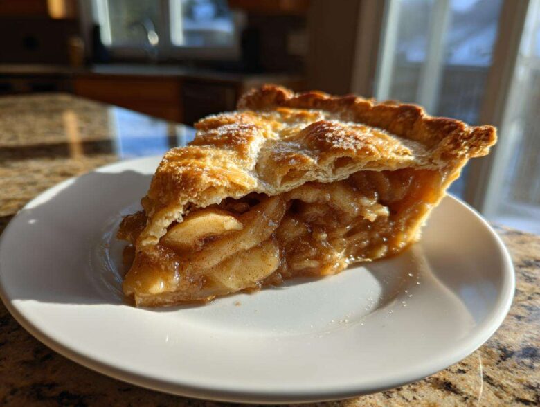 A close-up of a thick slice of apple pie recipe showing a flaky, sugared crust and rich cinnamon apple filling.
