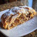 A close-up of a delicious slice of apple strudel with flaky pastry and apple filling, generously dusted with powdered sugar.