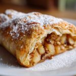 Close-up of a flaky, golden brown apple strudel slice filled with spiced apples and nuts, dusted generously with powdered sugar.