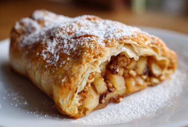 Close-up of a flaky, golden brown apple strudel slice filled with spiced apples and nuts, dusted generously with powdered sugar.