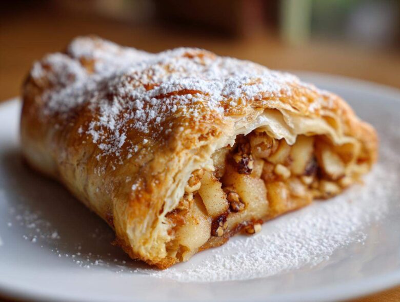 Close-up of a flaky, golden brown apple strudel slice filled with spiced apples and nuts, dusted generously with powdered sugar.