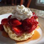 Close-up of a flaky shortcake topped with macerated strawberries and a dollop of whipped cream.