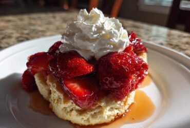 Close-up of a flaky shortcake topped with macerated strawberries and a dollop of whipped cream.