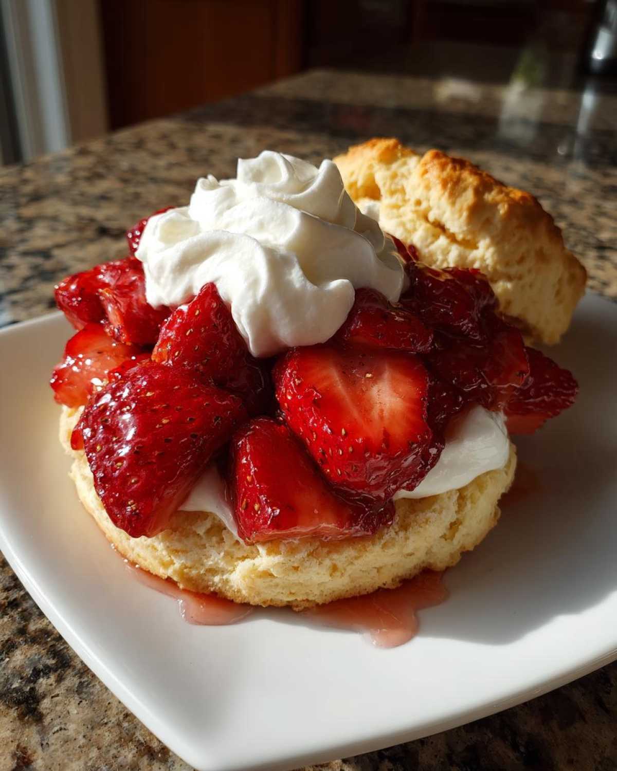 A close-up of a homemade strawberry shortcake, featuring a flaky biscuit topped with macerated strawberries and whipped cream.