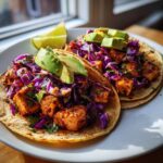 Two delicious salmon tacos filled with seasoned salmon chunks, purple cabbage slaw, and topped with sliced avocado.