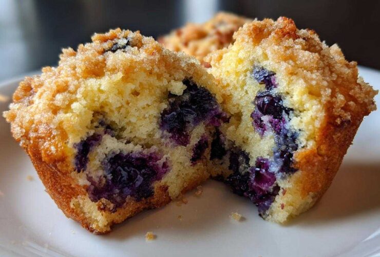 Close-up of a fluffy blueberry muffin cut in half, showing moist crumb and burst blueberries, topped with streusel.