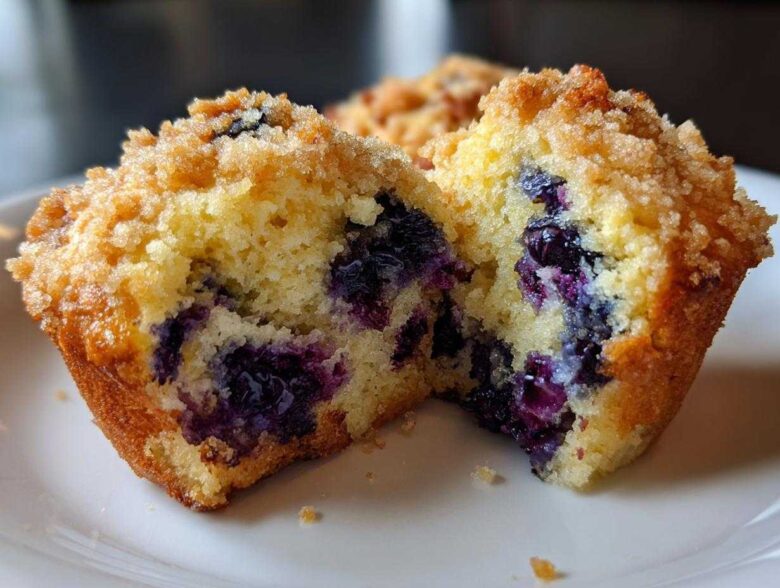 Close-up of a fluffy blueberry muffin cut in half, showing moist crumb and burst blueberries, topped with streusel.