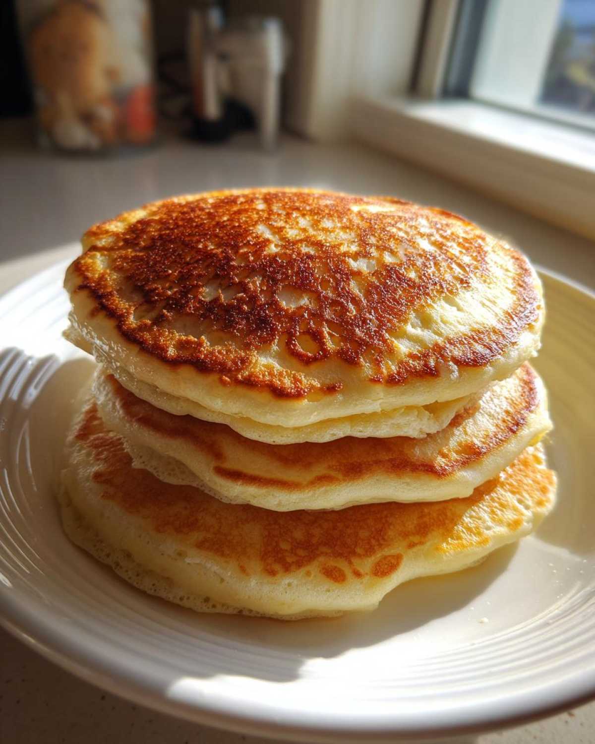 A close-up stack of three golden brown, fluffy buttermilk pancakes resting on a white plate.