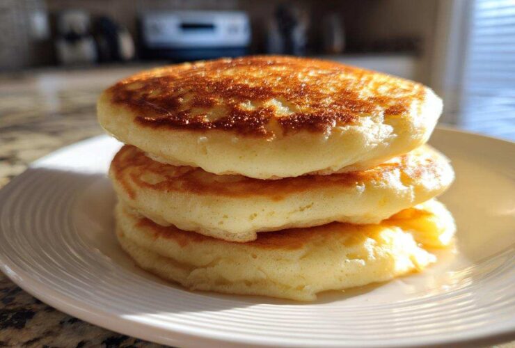 A close-up of three thick, fluffy buttermilk pancakes stacked on a white plate, golden brown from cooking.