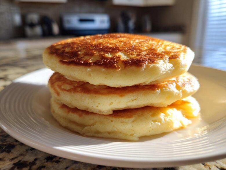 A close-up of three thick, fluffy buttermilk pancakes stacked on a white plate, golden brown from cooking.