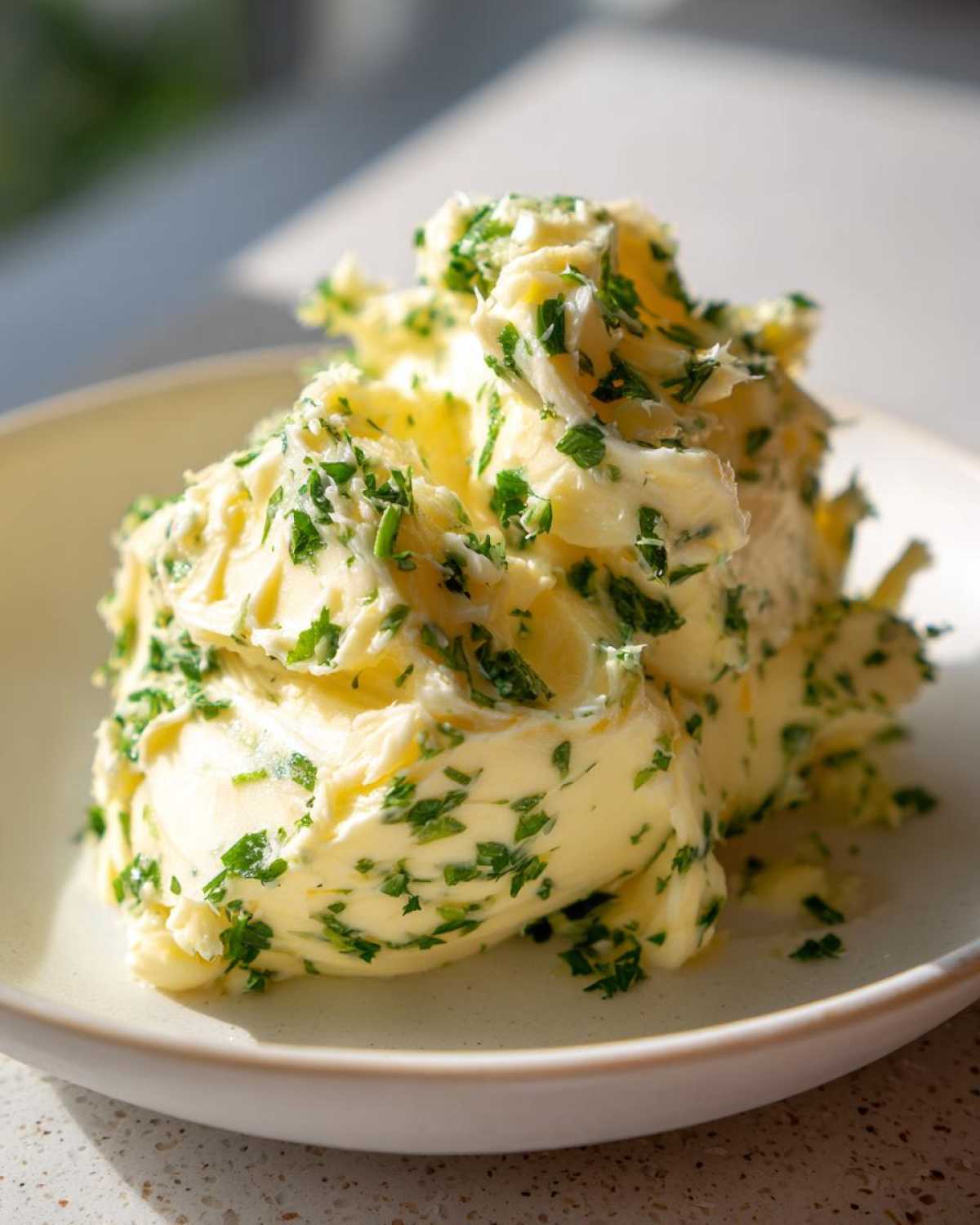 A mound of soft, whipped garlic butter mixed generously with chopped green herbs, likely parsley.