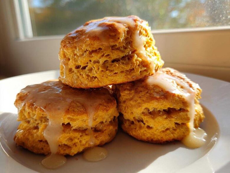 Three fluffy sweet potato biscuits stacked and drizzled with a vanilla glaze, sitting on a white plate.