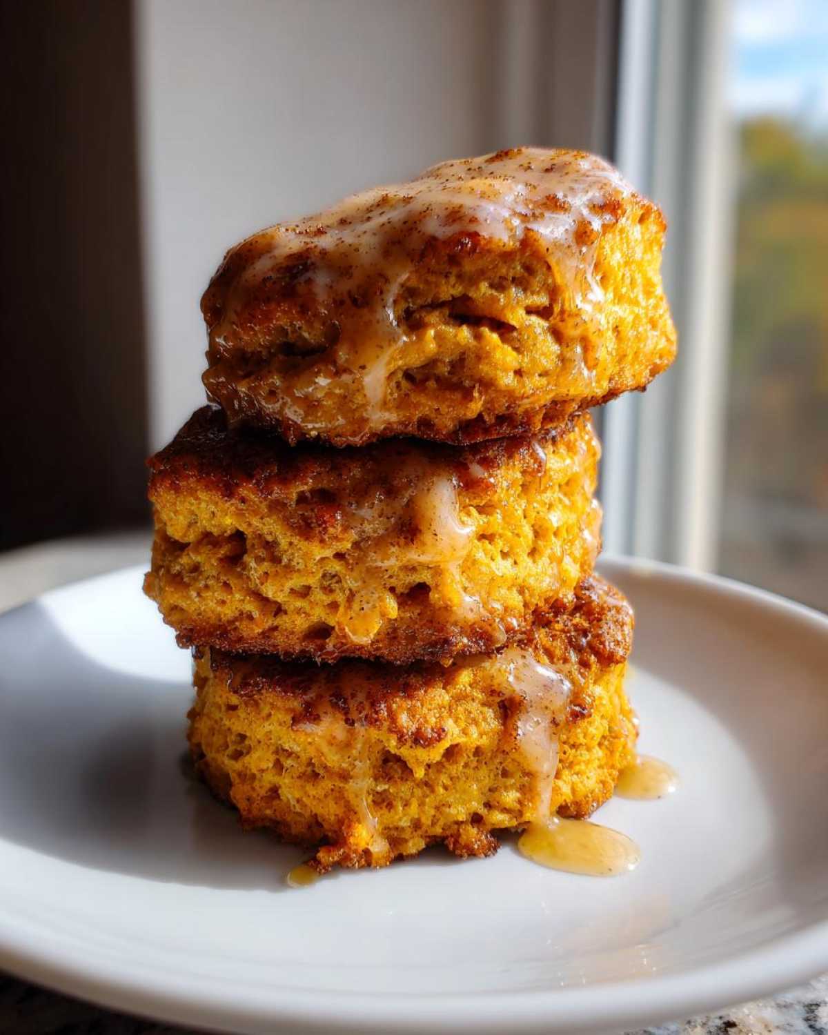 A stack of three fluffy sweet potato biscuits drizzled with a light glaze, sitting on a white plate.