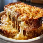 Close-up of a toasted bread slice covered in melted, browned cheese being lifted from a bowl of french onion soup, showing dramatic cheese pulls.