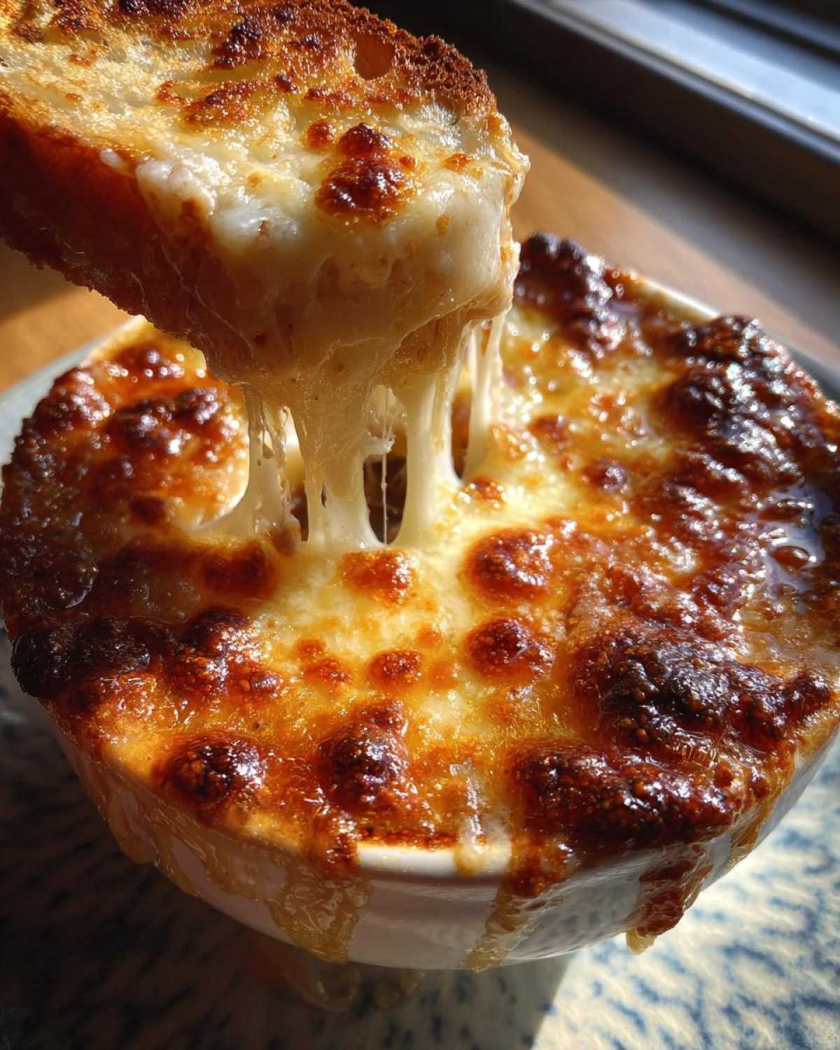 Close-up of a piece of toasted bread being pulled from french onion soup, creating long, melted cheese strings.