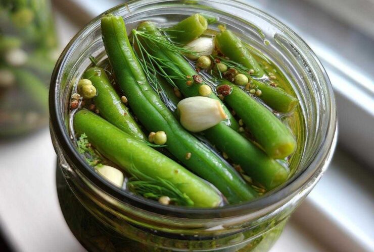 Close-up overhead view of bright green dilly beans being pickled with garlic cloves and dill in a glass jar.