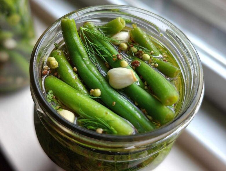 Close-up overhead view of bright green dilly beans being pickled with garlic cloves and dill in a glass jar.