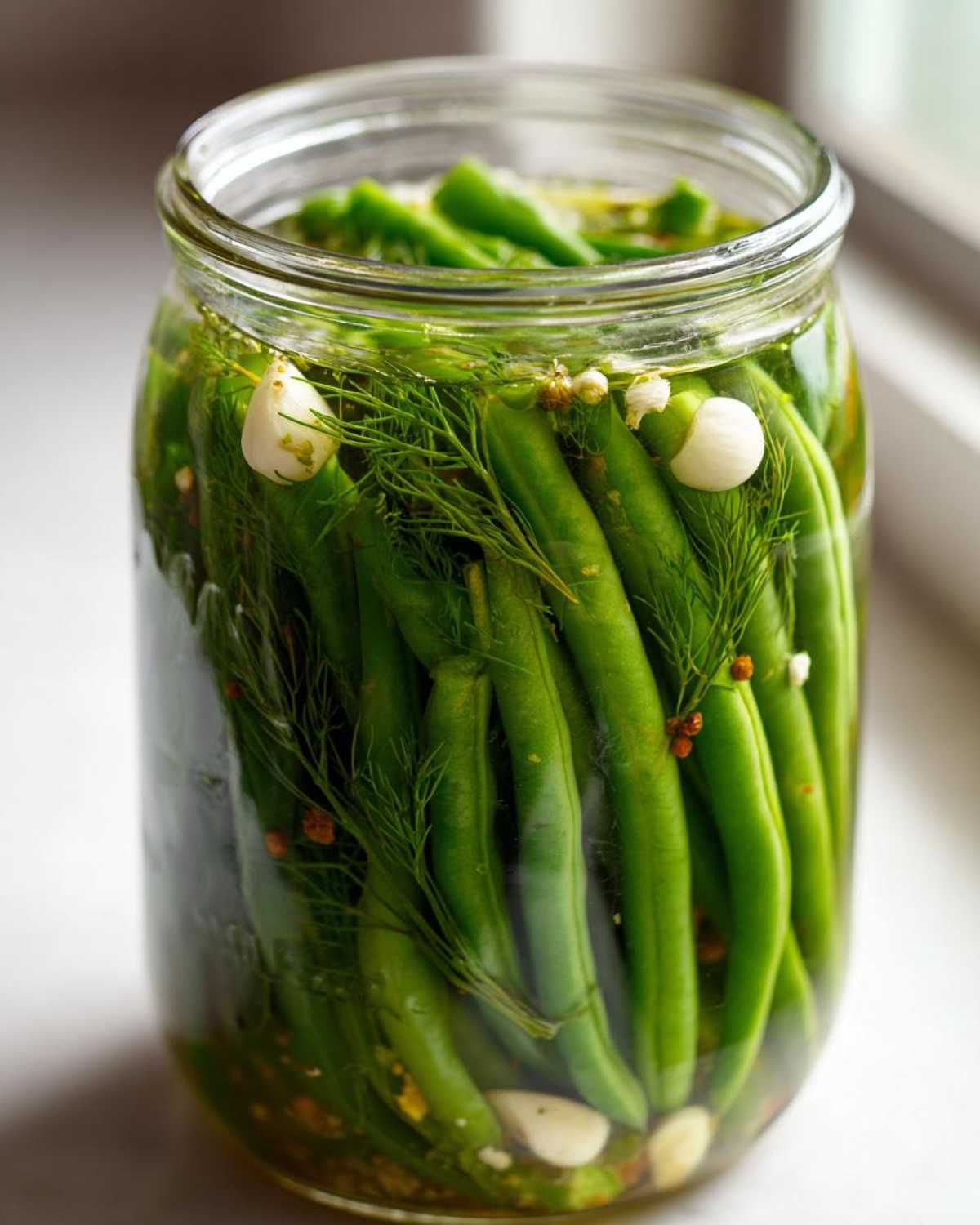 Close-up of fresh green beans being pickled with dill and garlic to make dilly beans in a clear glass jar.