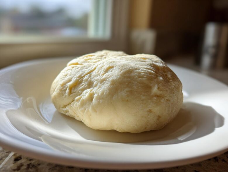 A smooth, pale yellow ball of freshly made marzipan recipe dough resting on a white plate.