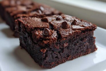 Close-up of a fudgy, dark chocolate black bean brownies slice topped with melted chocolate chips.