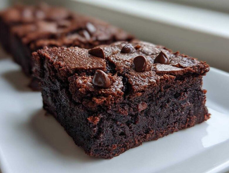 Close-up of a fudgy, dark chocolate black bean brownies slice topped with melted chocolate chips.